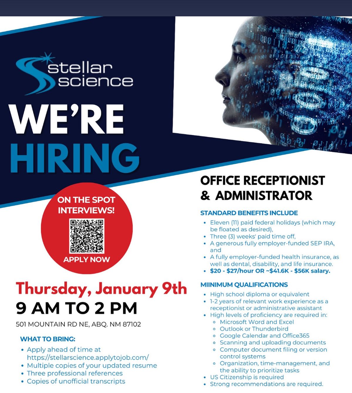 Hiring Event with Stellar Science- Receptionist\/Admin Career Position. 