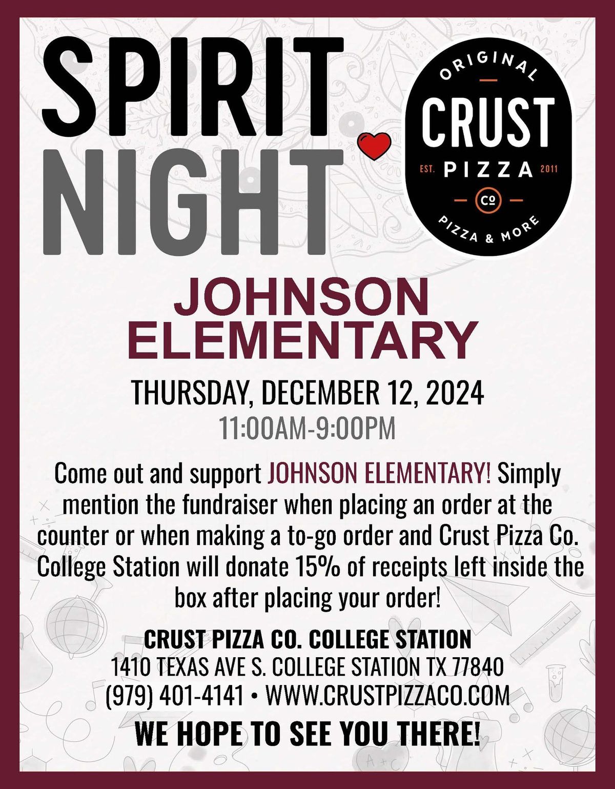 Spirit Night Fundraiser @ Crust Pizza Co