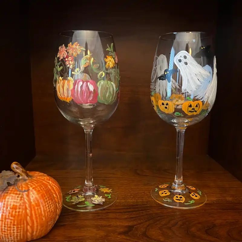 Wine Glass Painting with Fall and Halloween Themes