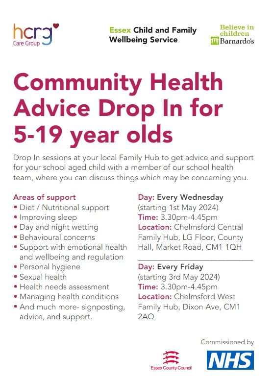 Health advice drop in session for 5-19 year olds: Chelmsford West Family Hub