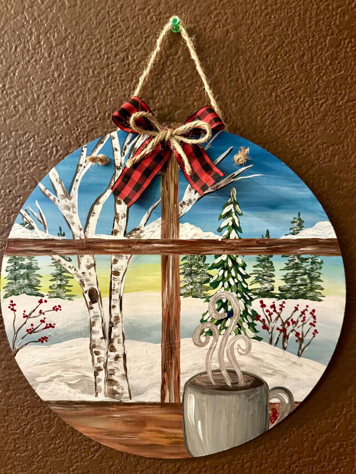 Winter Window wood sign painting at Milly's Community Cafe