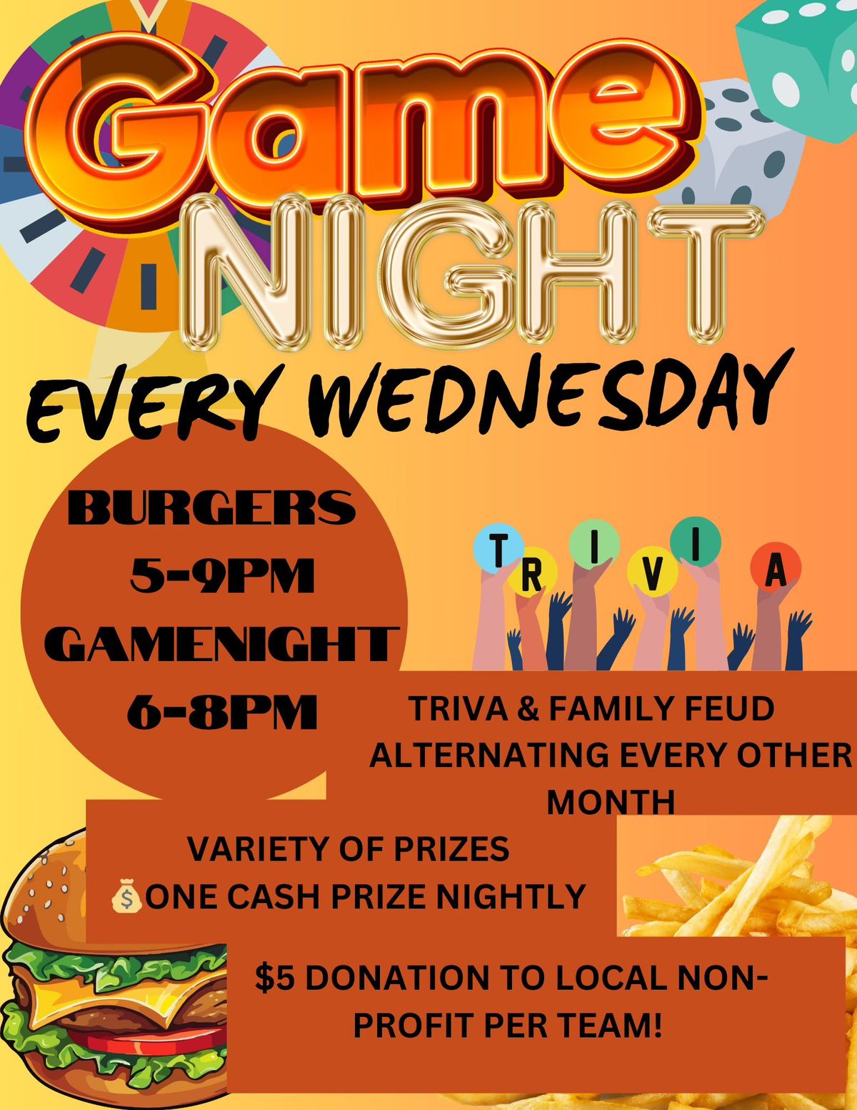 WEDNESDAYS BURGERS & GAME NIGHT!