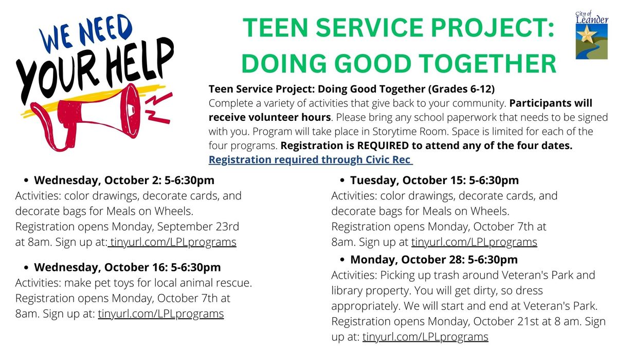 Teen Service Project Program (Pre-registration is REQUIRED)