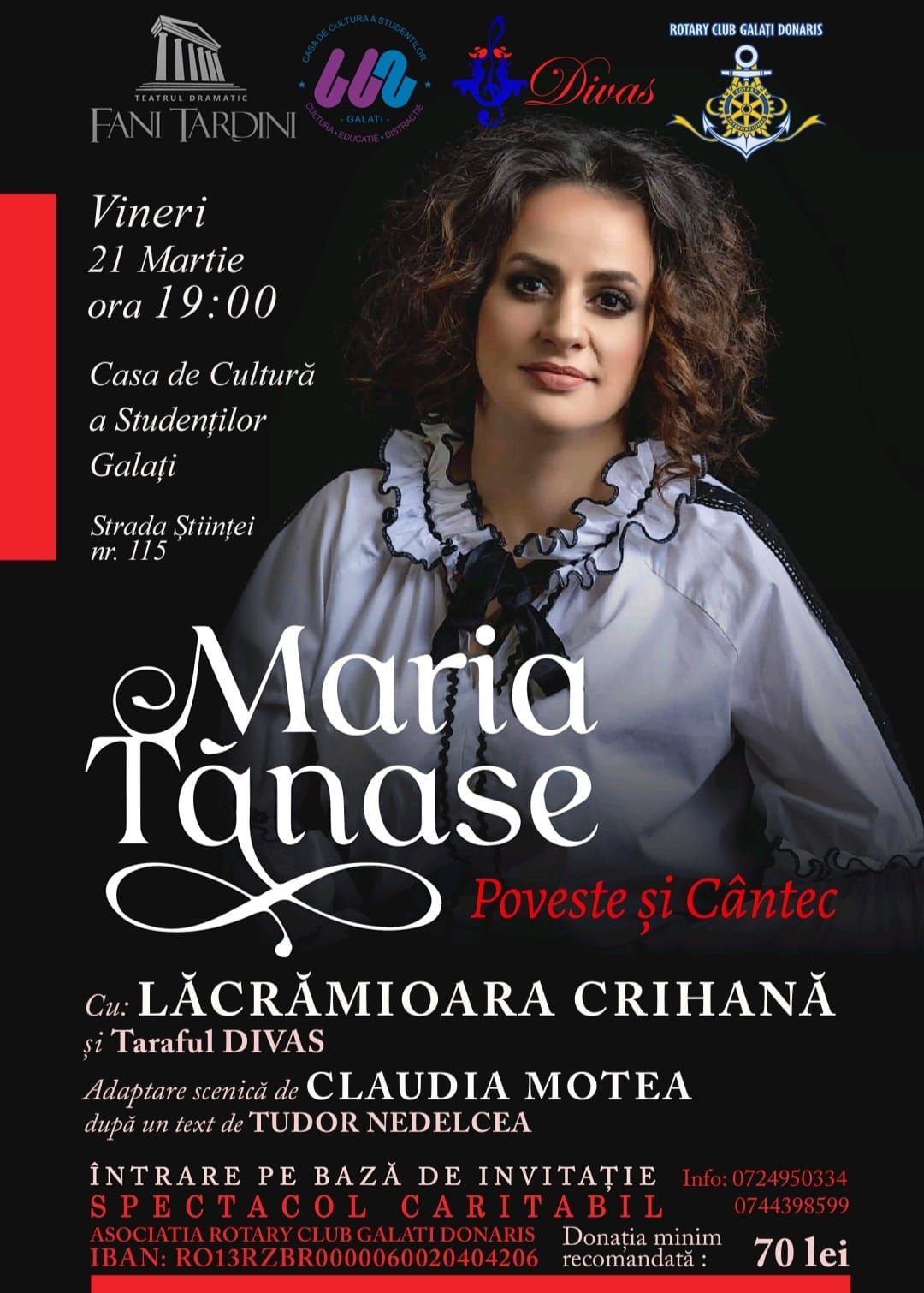 "Maria Tanase-Poveste si cantec" spectacol caritabil de strangere de fonduri!