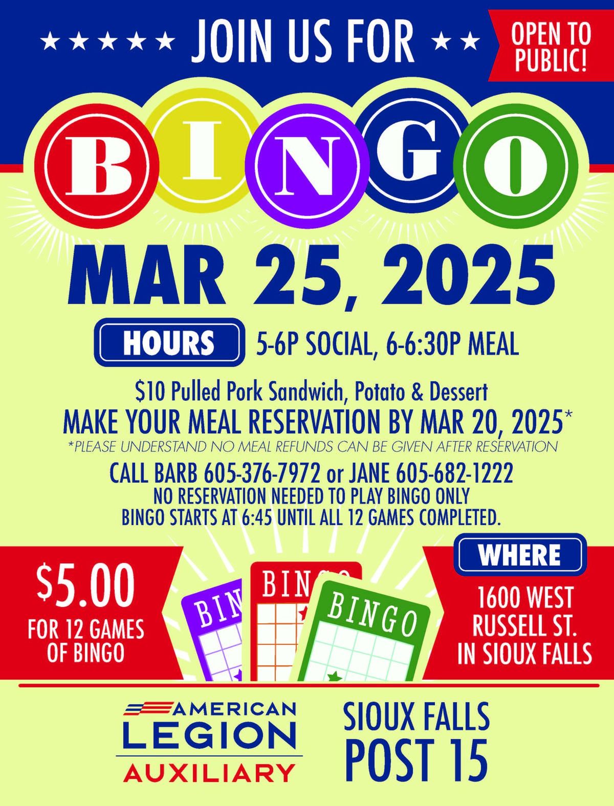 Unit 15 American Legion Auxiliary SOCIAL \/ DINNER \/ BINGO 