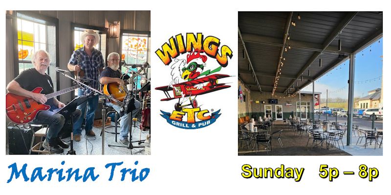 Live music & supper with MARINA TRIO at Wings Etc., Sunday, 10\/27\/24, 5p to 8p.