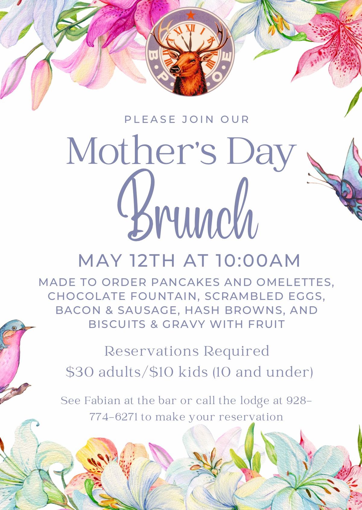 Mothers Day Brunch at the Elks Lodge (Reservations REQUIRED)