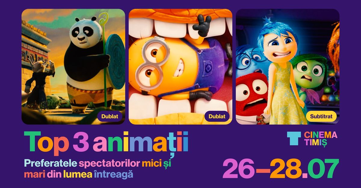 Top 3 anima\u021bii: Inside Out 2 \/ Despicable me 4 \/ Kung Fu Panda 4