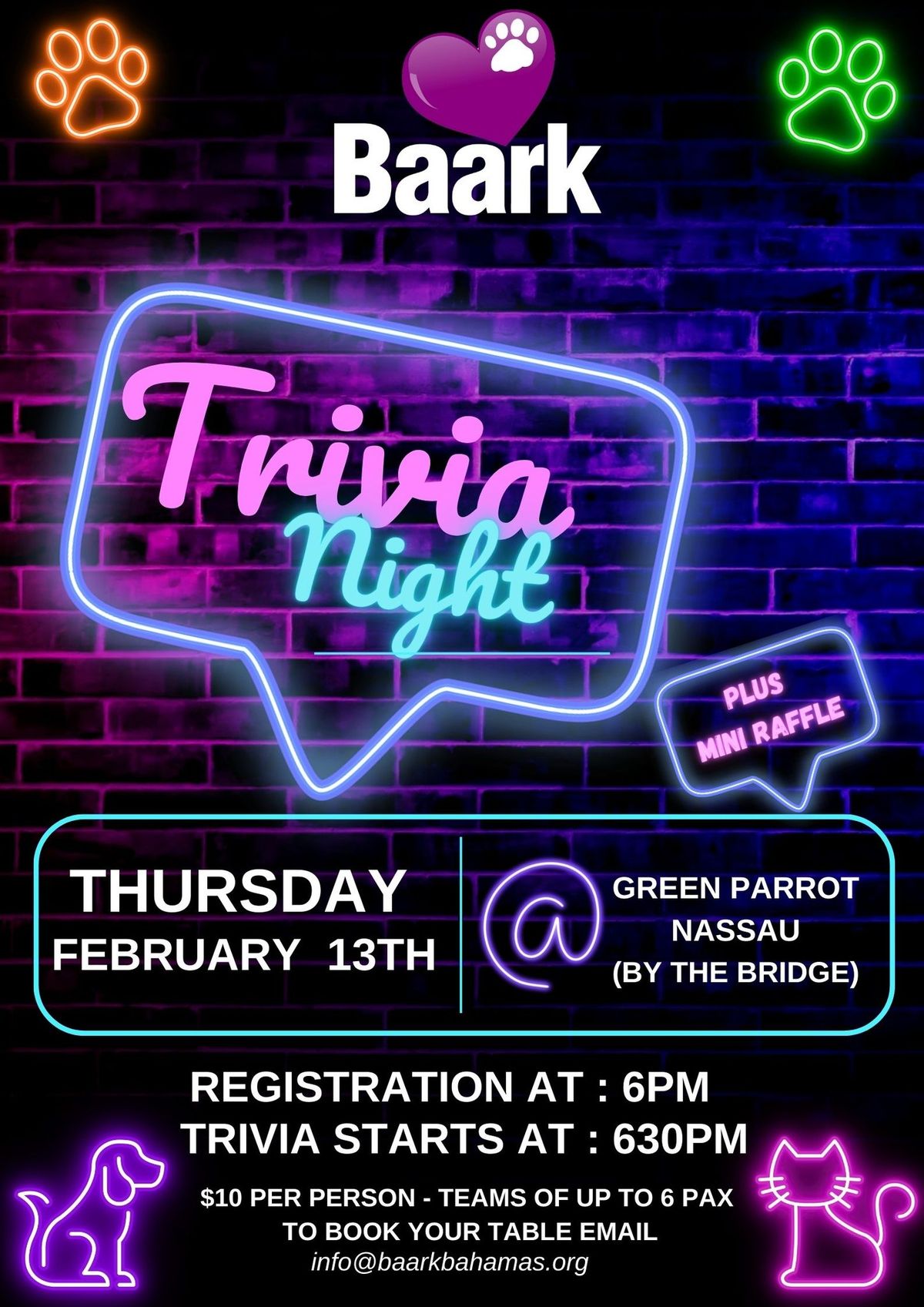 Baark! Trivia Night at Green Parrot, Nassau (by the bridge)