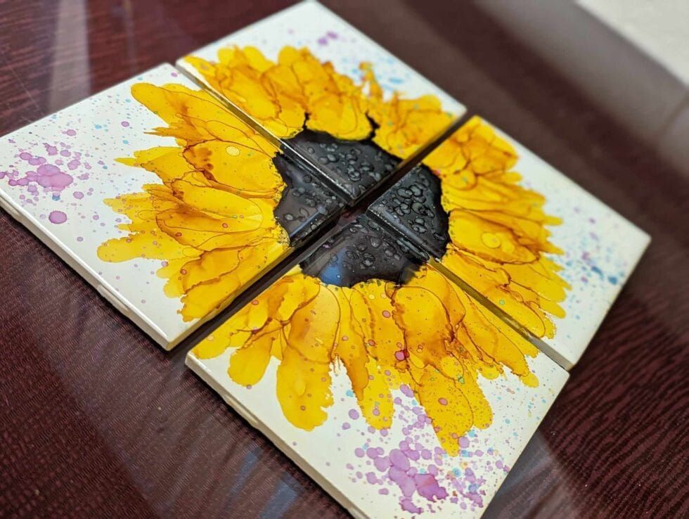 Sunflower Coasters, featuring Alcohol Ink\n\n