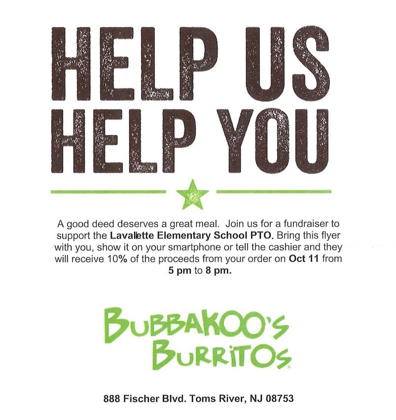 Lavallette School PTO Dine to Donate at Bubbakoo's ! 