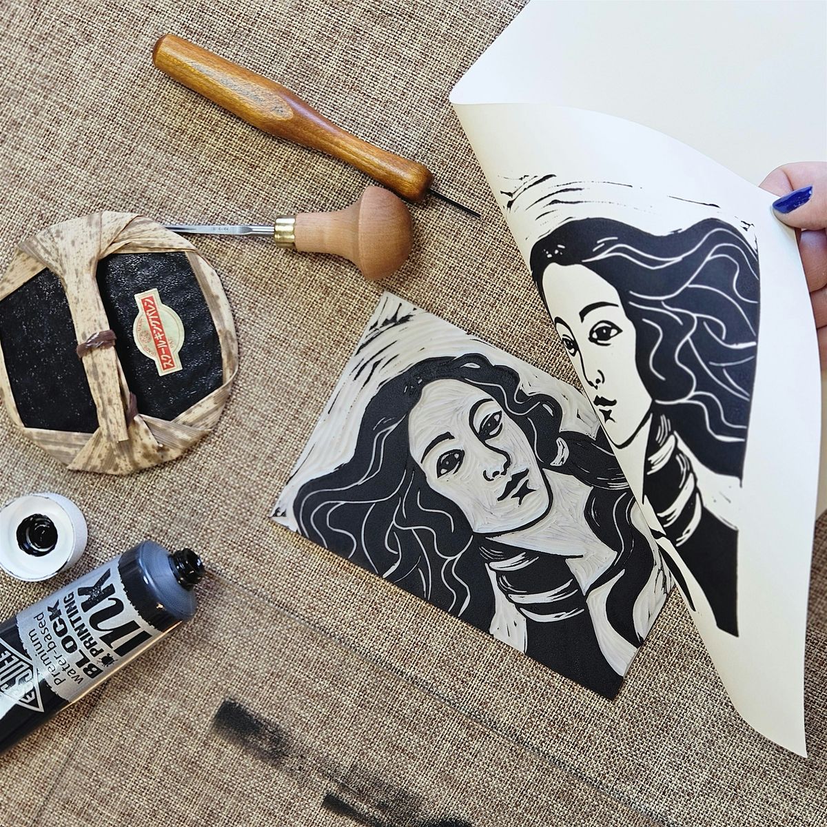 Lino Printmaking Class: Botticelli's Birth of Venus