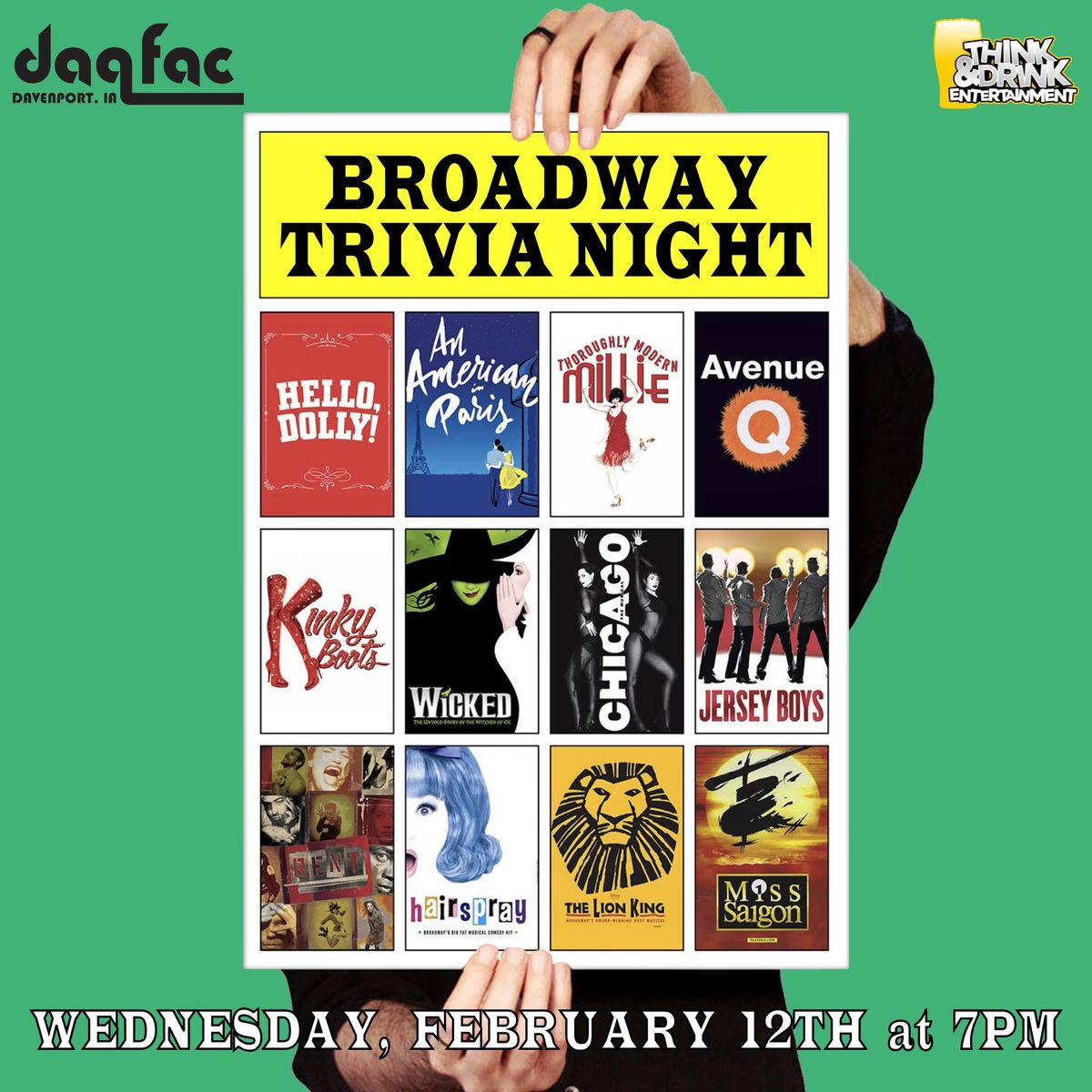 Broadway Trivia Night @ Daiquiri Factory (Davenport, IA) \/ Wednesday, February 12th @ 7pm