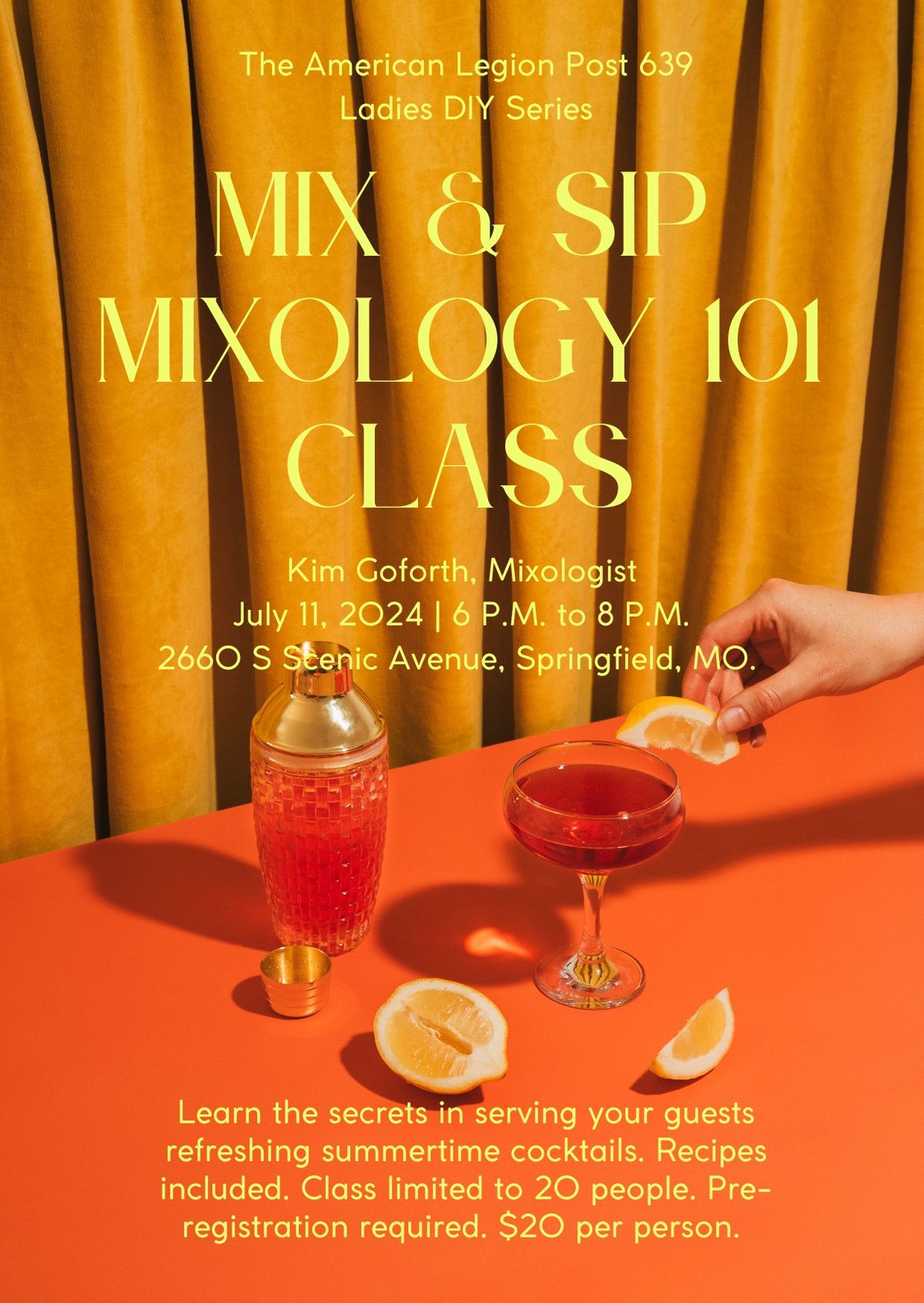 Mix & Sip Mixology 101 Class with Kim Goforth, Mixologist