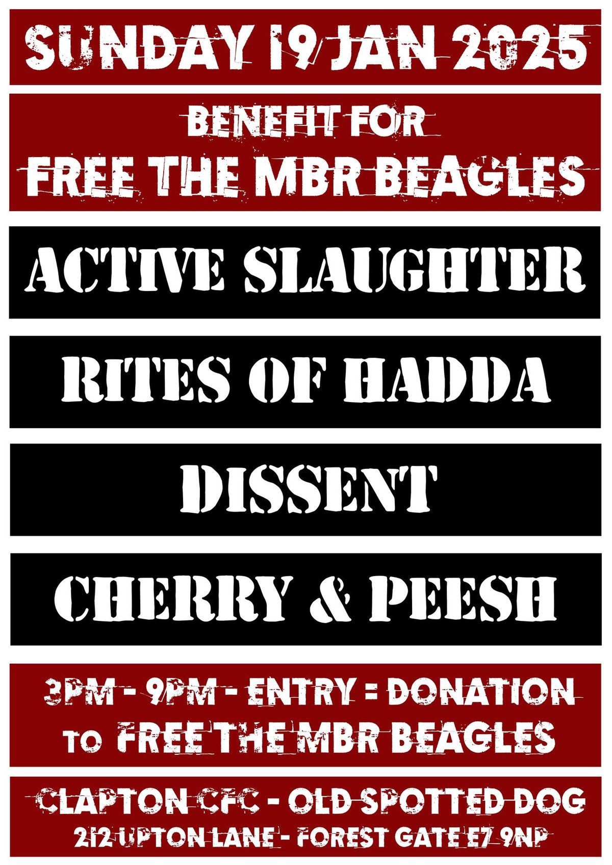 Active Slaughter \/ Dissent \/ Cherry & Peesh \/ Rites of Hadda benefit gig for Free the MBR Beagles