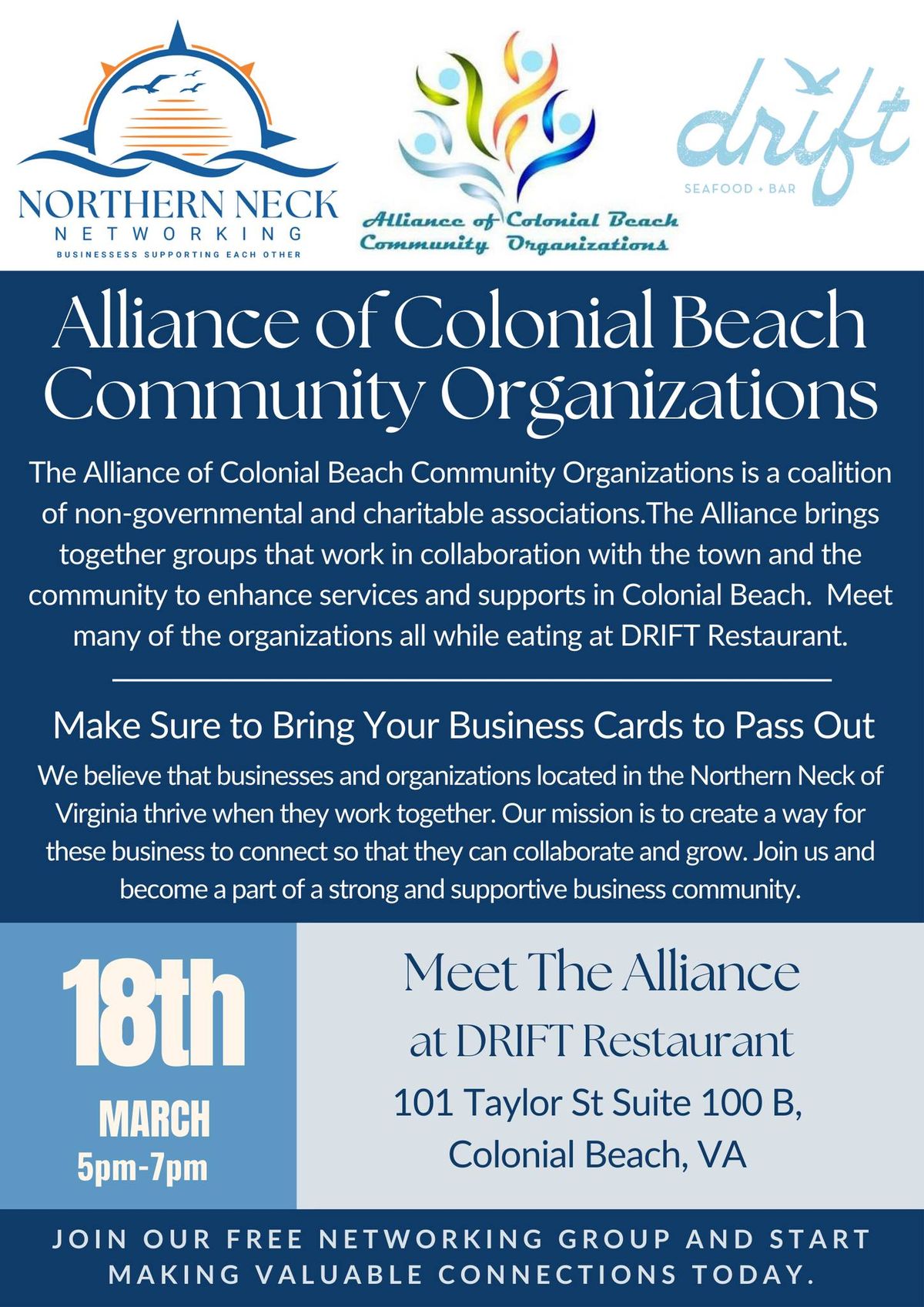 Northern Neck Networking Meetup Hosted Alliance of Colonial Beach Community Organizations at Drift