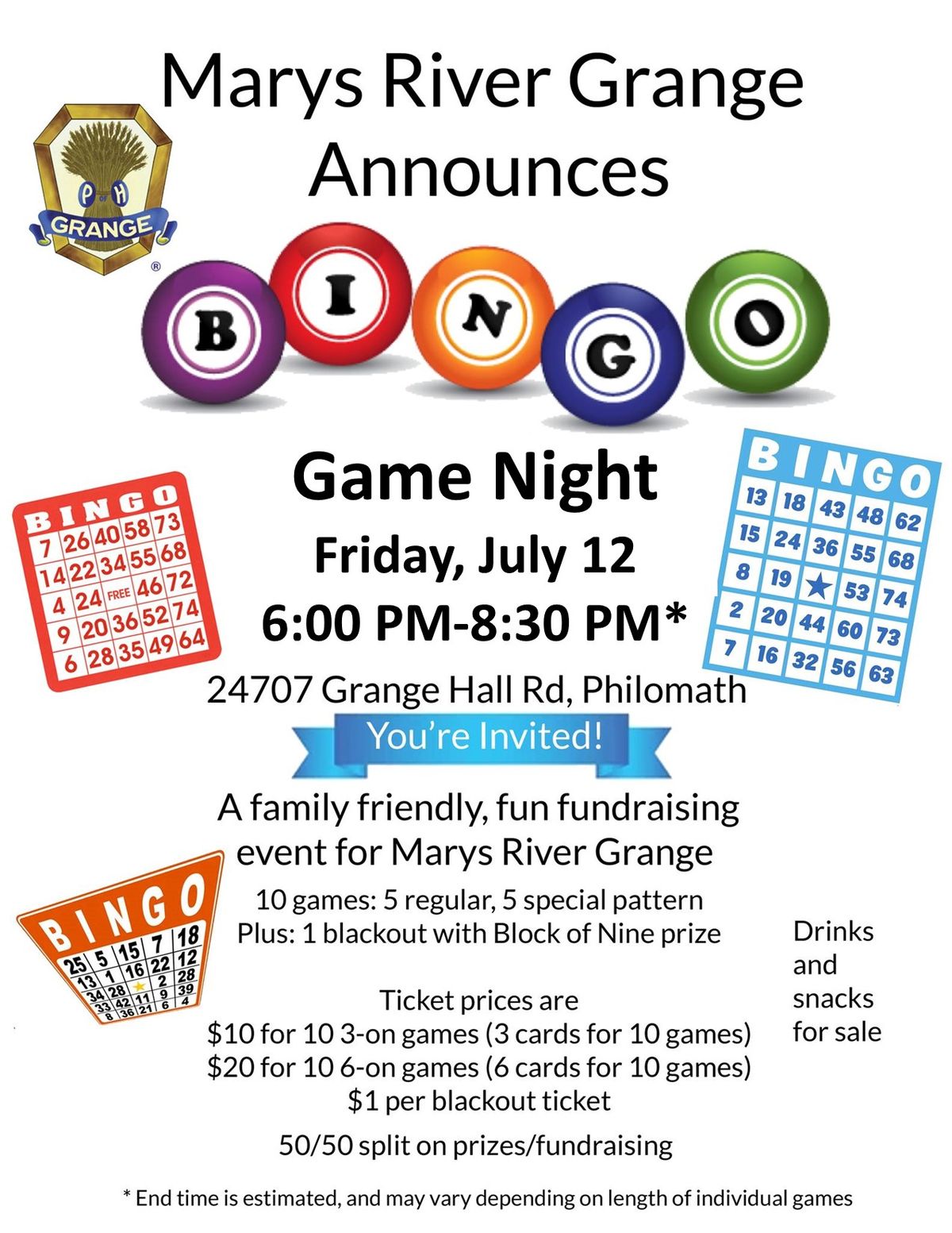 Marys River Grange July Bingo Game Night