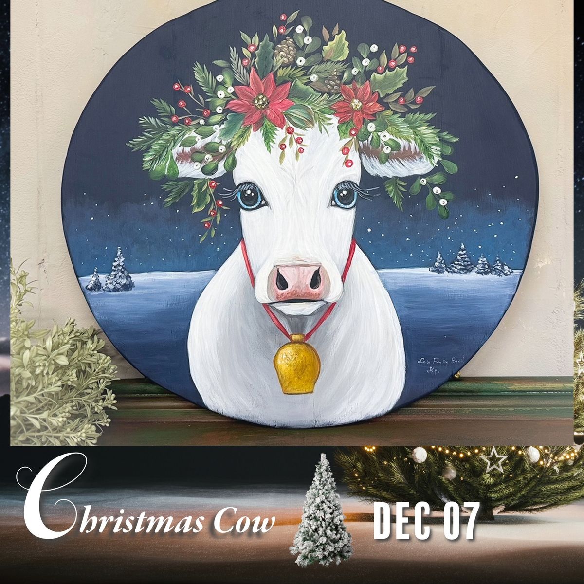 Paint a Beautiful Christmas - Winter Cow on Antique Charcuterie Board