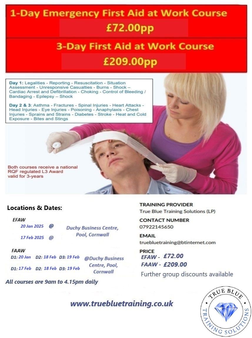 January - February 2025: 1-day (\u00a372.00) & 3-day (\u00a3209.00) First Aid Training Qualifications. 