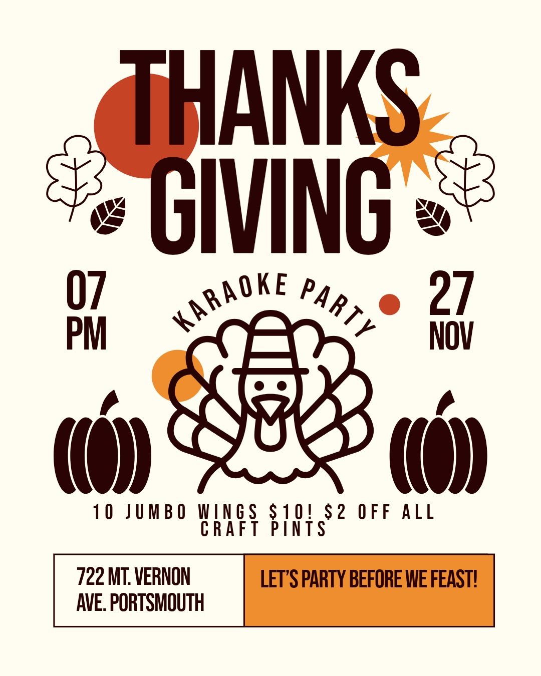 Thanksgiving Eve Party at the Twisted Pig! Our Famous Wings and Craft Pints on Special! Karaoke too!