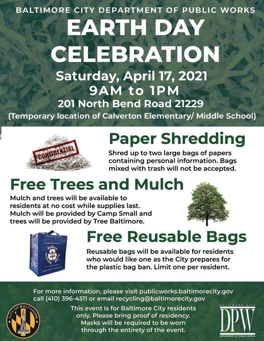 Earth Celebration Free Shredding Trees Mulch 201 N Bend Rd Baltimore Md 21229 3136 United States 17 April 2021