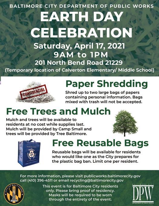Earth Celebration Free Shredding Trees Mulch 201 N Bend Rd Baltimore Md 21229 3136 United States 17 April 2021 Free Shredding Events Near Me 2022 In Maryland