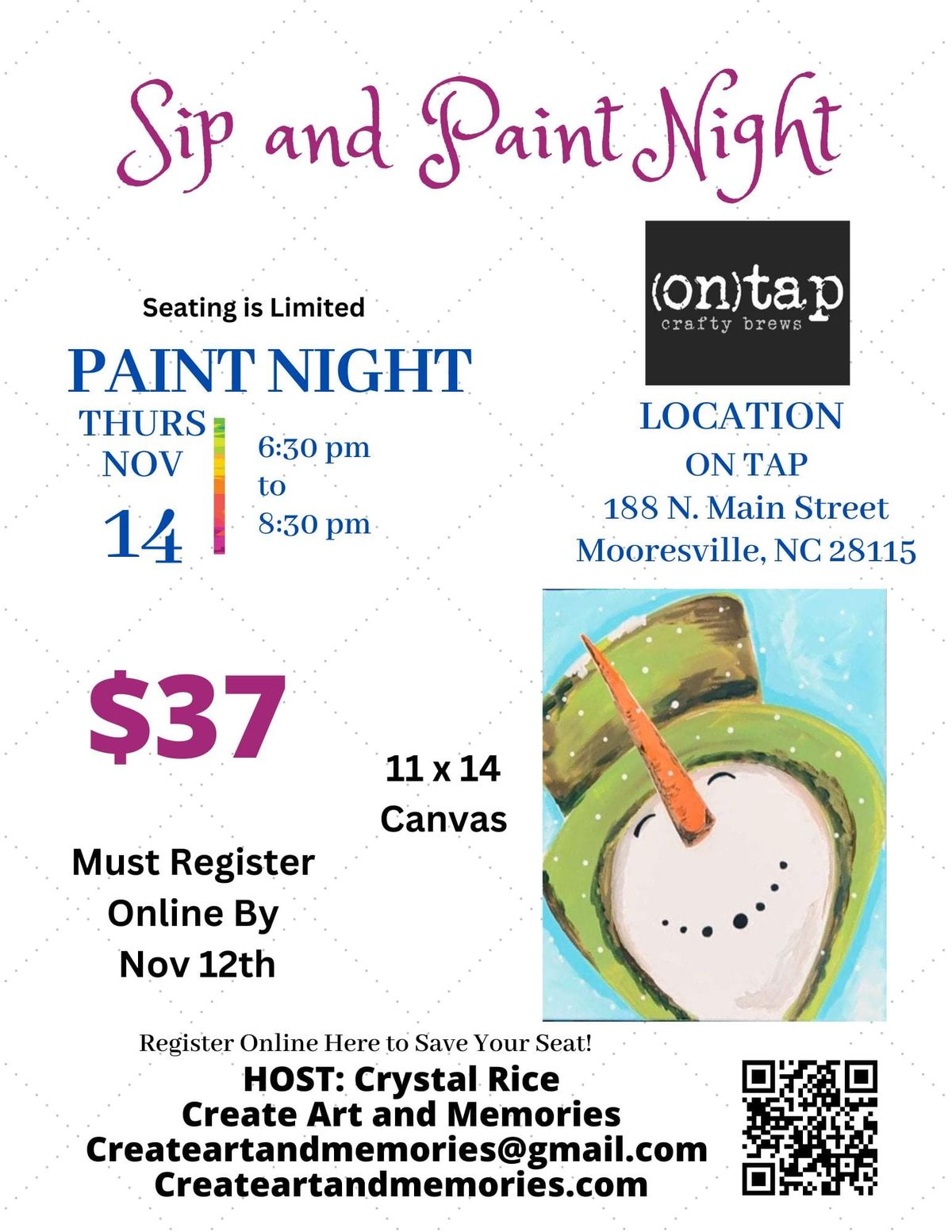 Happy Snowman Sip and Paint at On Tap