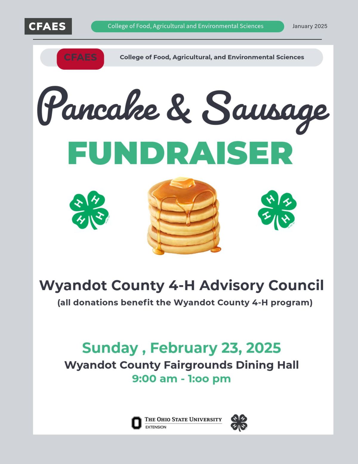 Wyandot County 4-H Advisory Council Pancake & Sauage Fundraiser