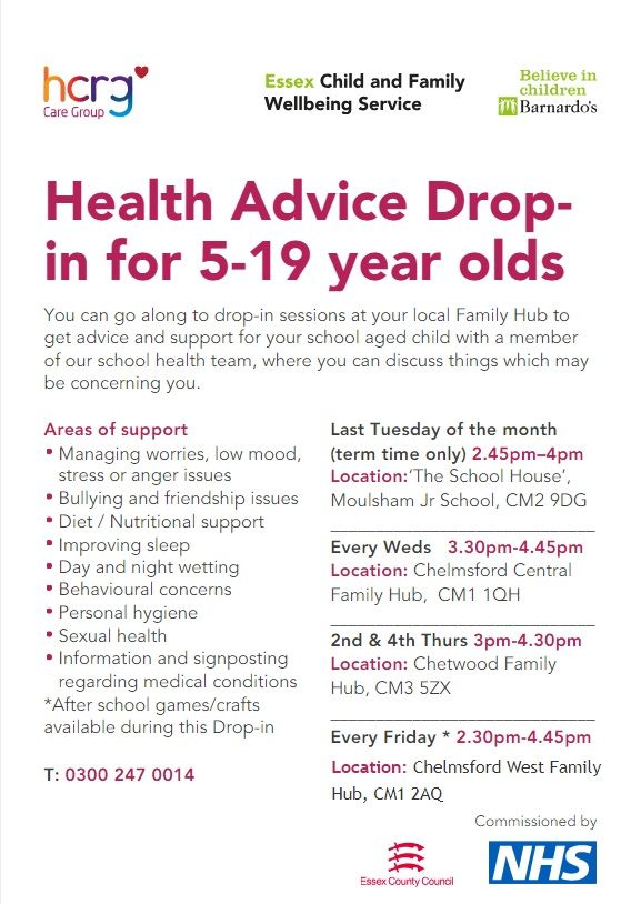 Health Advice Drop In sessions for 5-19 year olds