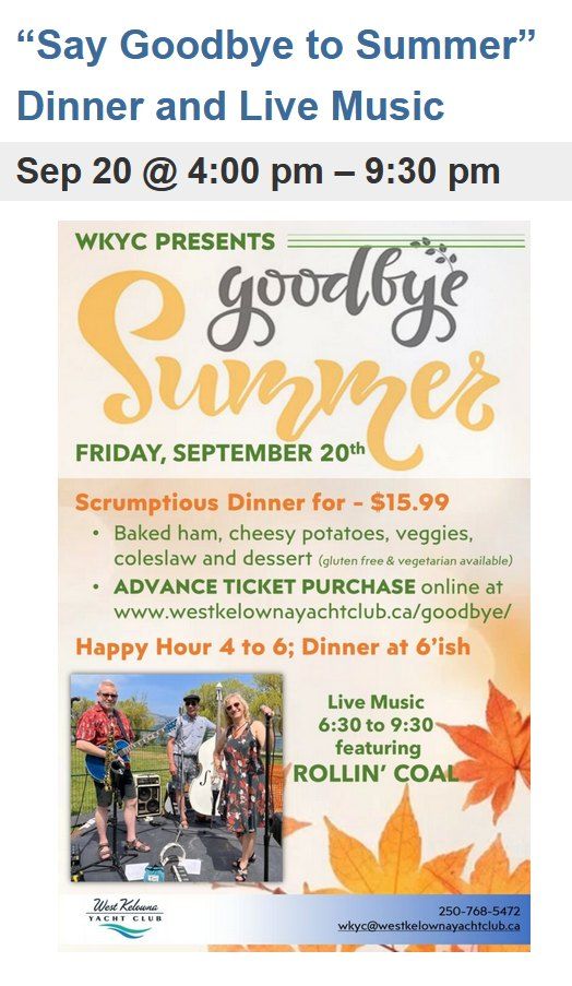 West Kelowna Yacht Club - Say Goodbye to Summer - Members & Guests