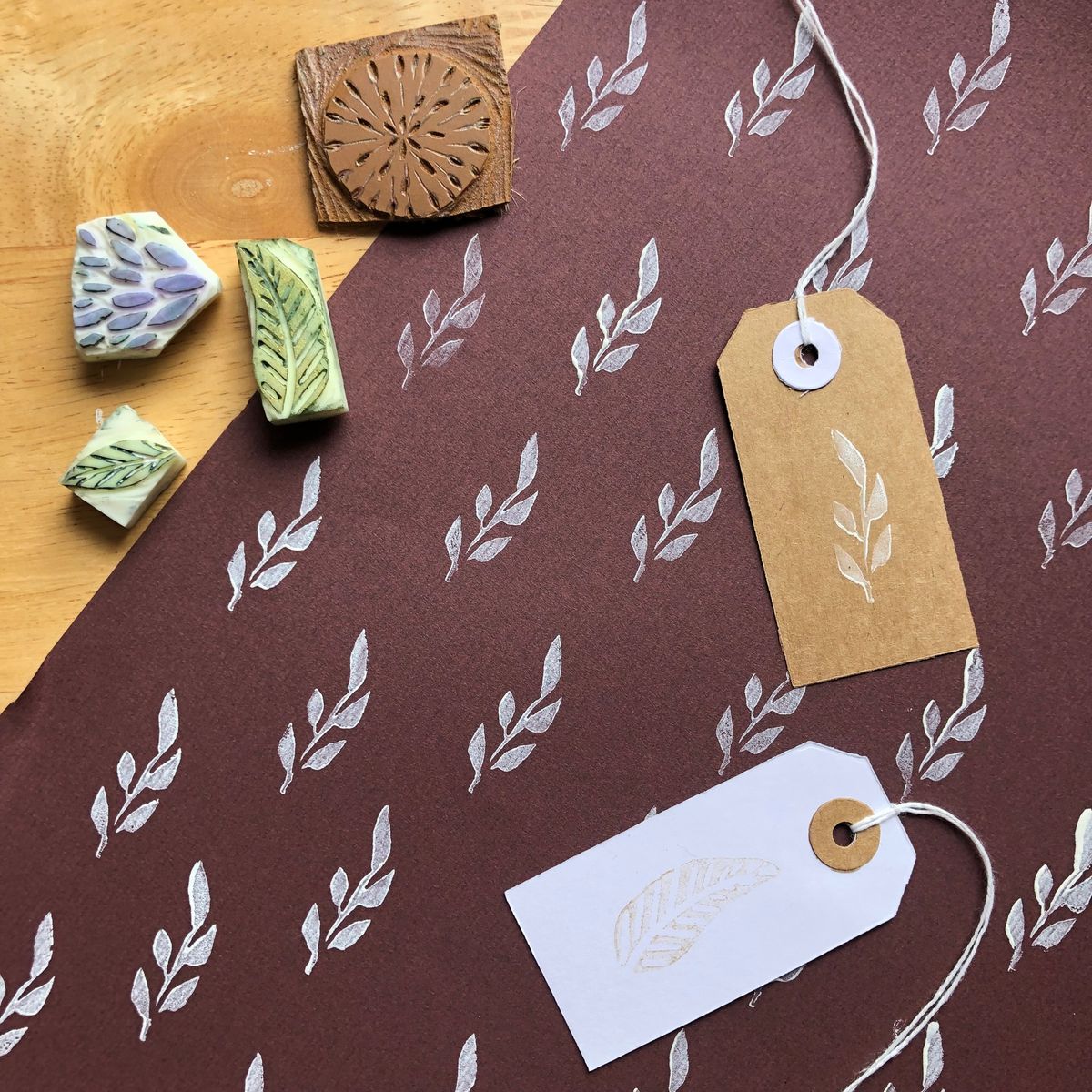 Block printed Christmas Gift bags, wrap and tags