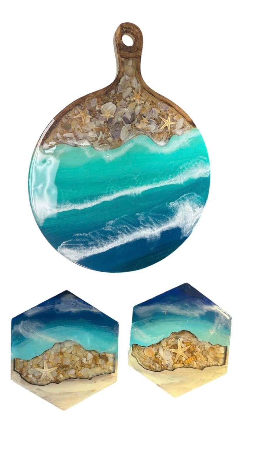 Inlay Ocean Resin Pour Charcuterie Board and Coaster Set