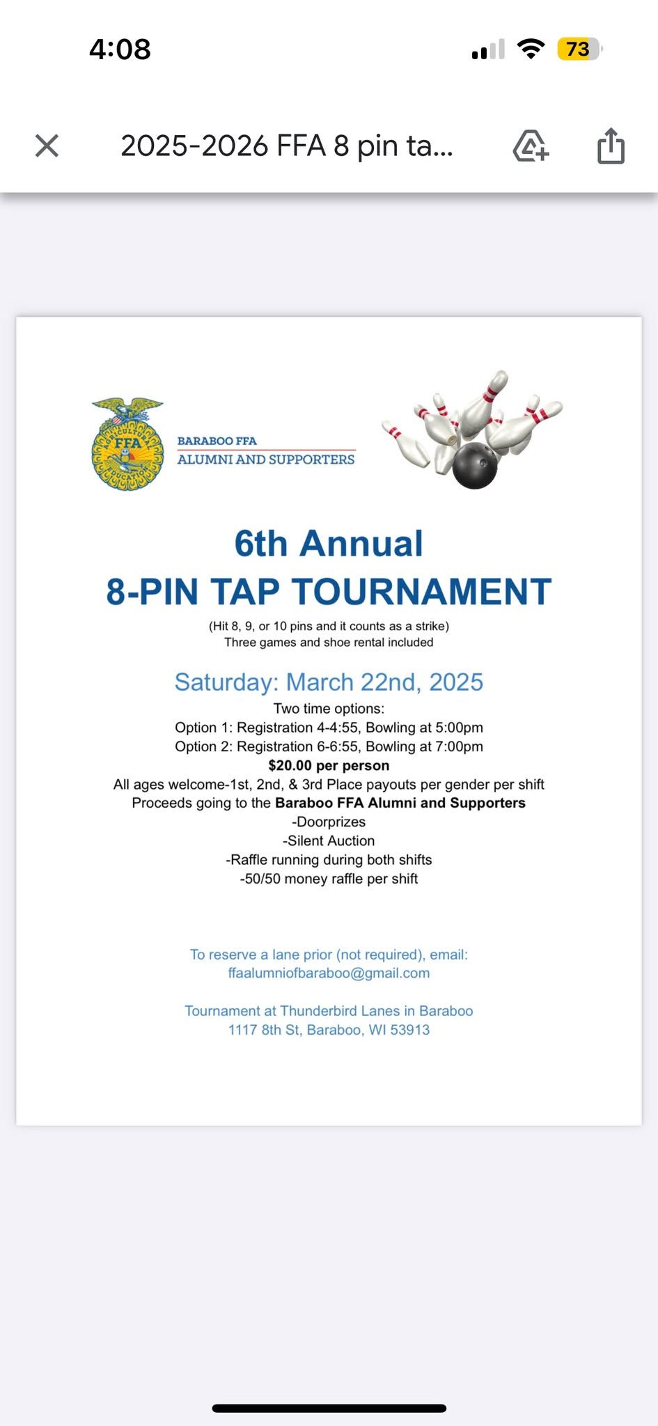 6th Annual Baraboo FFA Alumni & Supporters 8-Pin Tap Bowling Fundraiser 