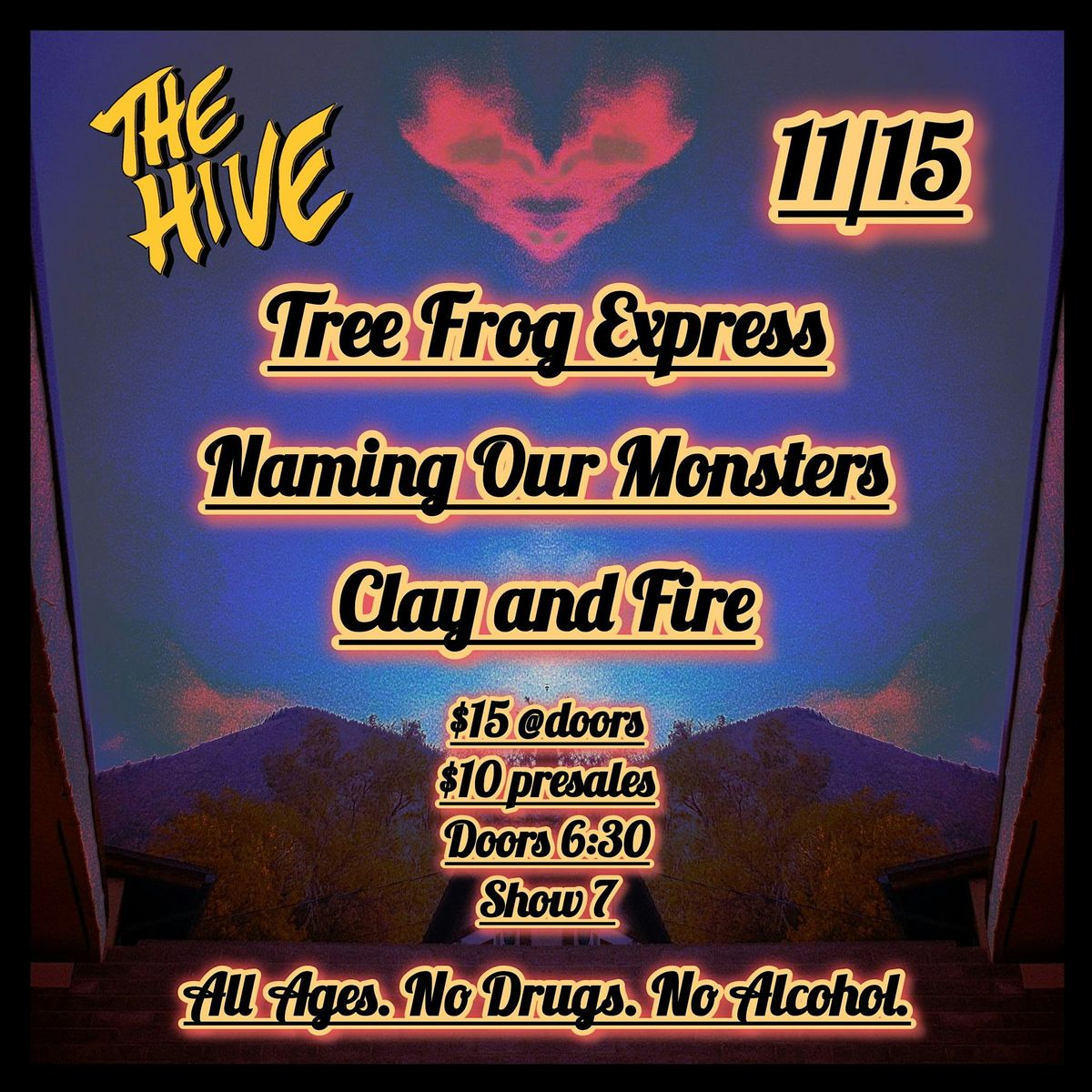 TREE FROG EXPRESS, NAMING OUR MONSTERS, CLAY AND FIRE LIVE @THE HIVE