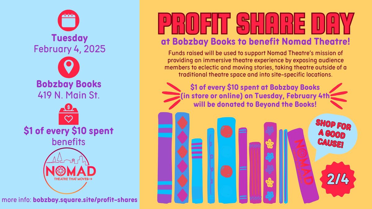 Profit Share Day to Benefit Nomad Theatre at Bobzbay Books