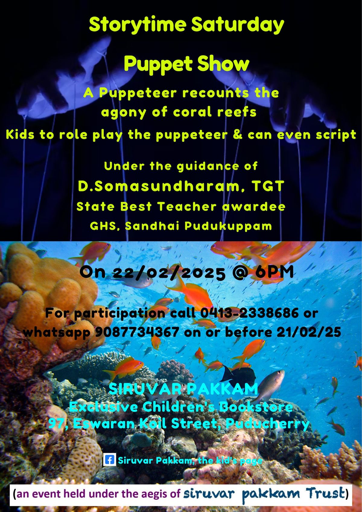 Storytime Saturday- Puppet Show- a puppeteer recounts the agony of coral reefs