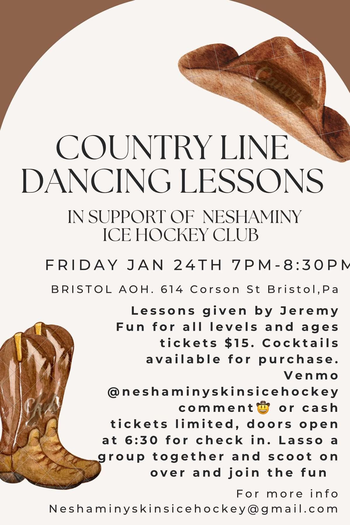 Country Line Dance Lessons Support Neshaminy Ice Hockey Club 1\/24 7-830pm