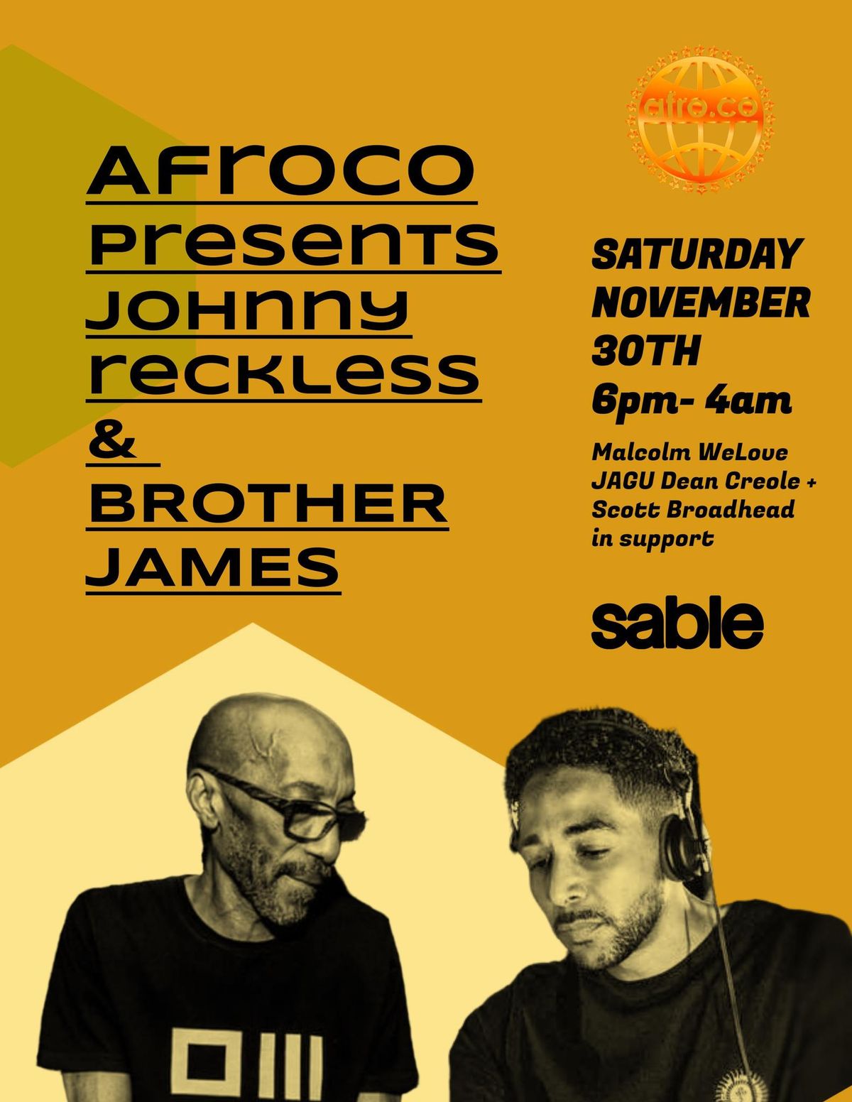 AfroCo Presents Johnny Reckless & Brother James:  Malcolm WeLove Jagu Dean Creole + Scott Broadhead