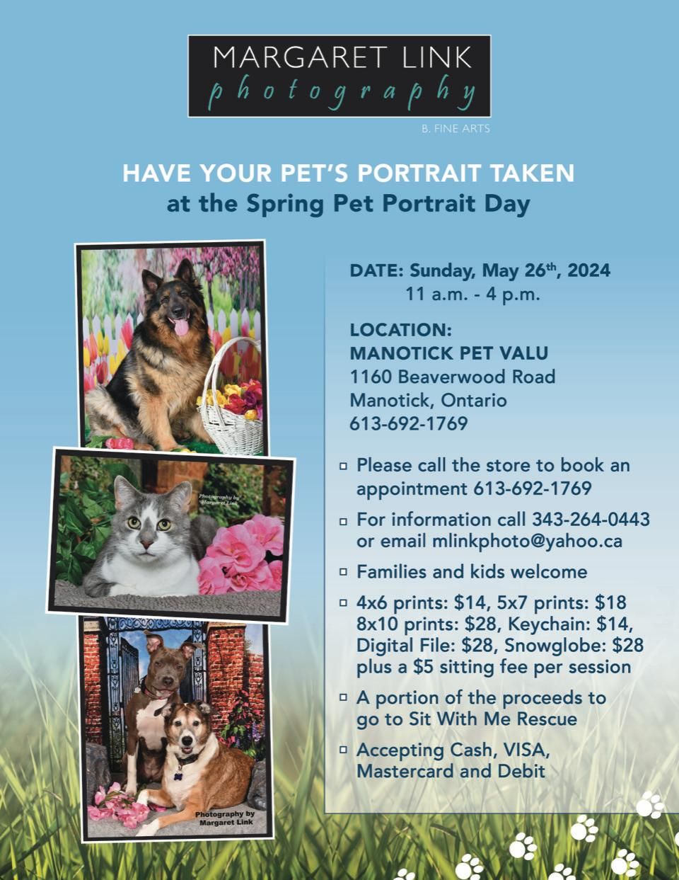 Spring Pet Portraits at Manotick Pet Valu Sunday May 26 11-4  call store 613 692 1769 
