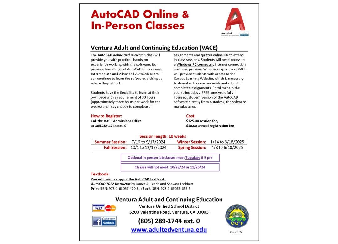 AutoCAD night classes start Tuesday, October 1, 2024 