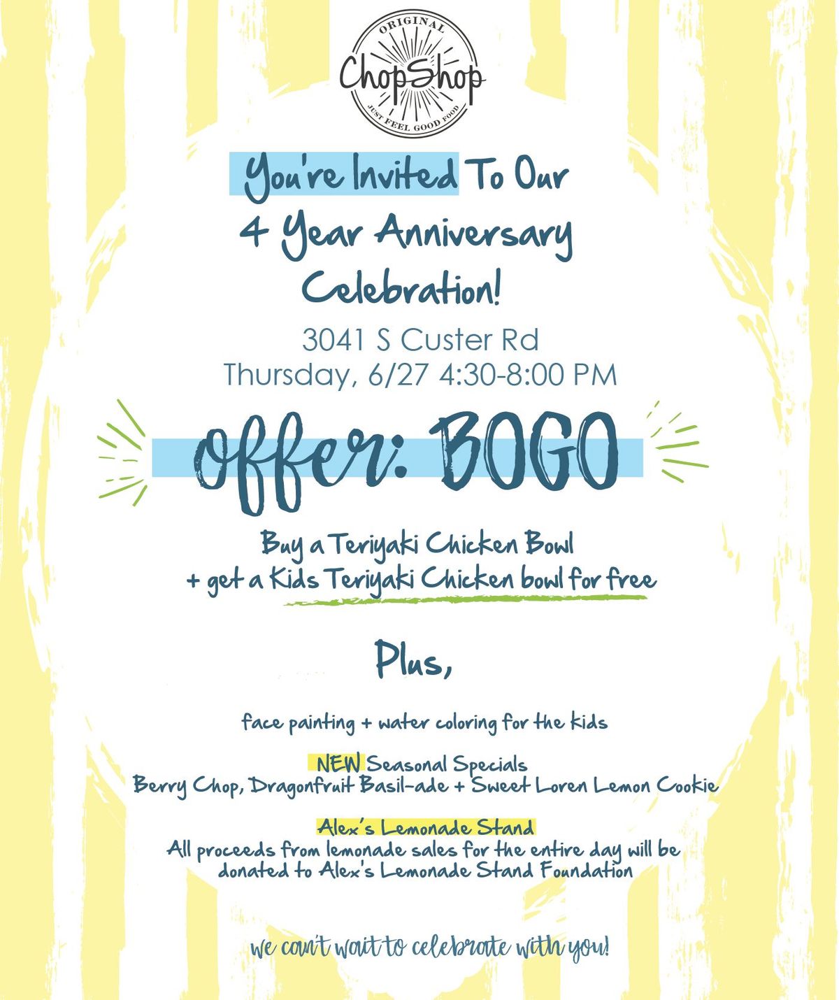 McKinney 4 Year Anniversary Celebration \ud83c\udf89 NEW menu items, Alex's Lemonade Stand + Sweet Loren's!