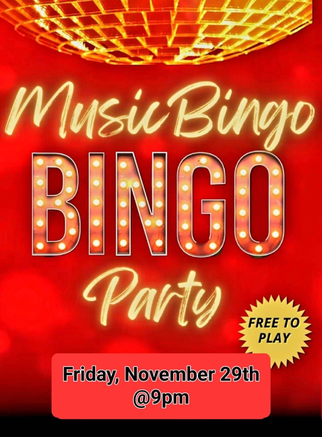 Music Bingo Thanksgiving Weekend