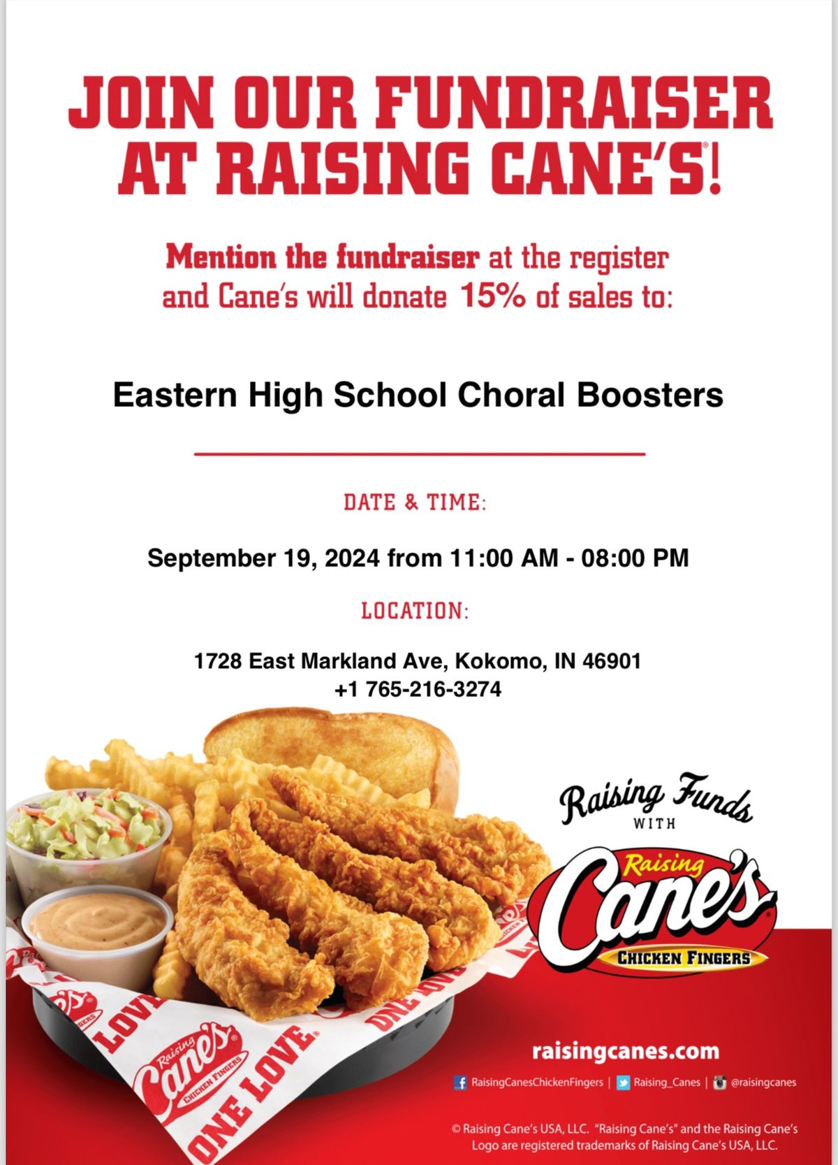 Eastern Choral Boosters Raising Cane\u2019s fundraiser 