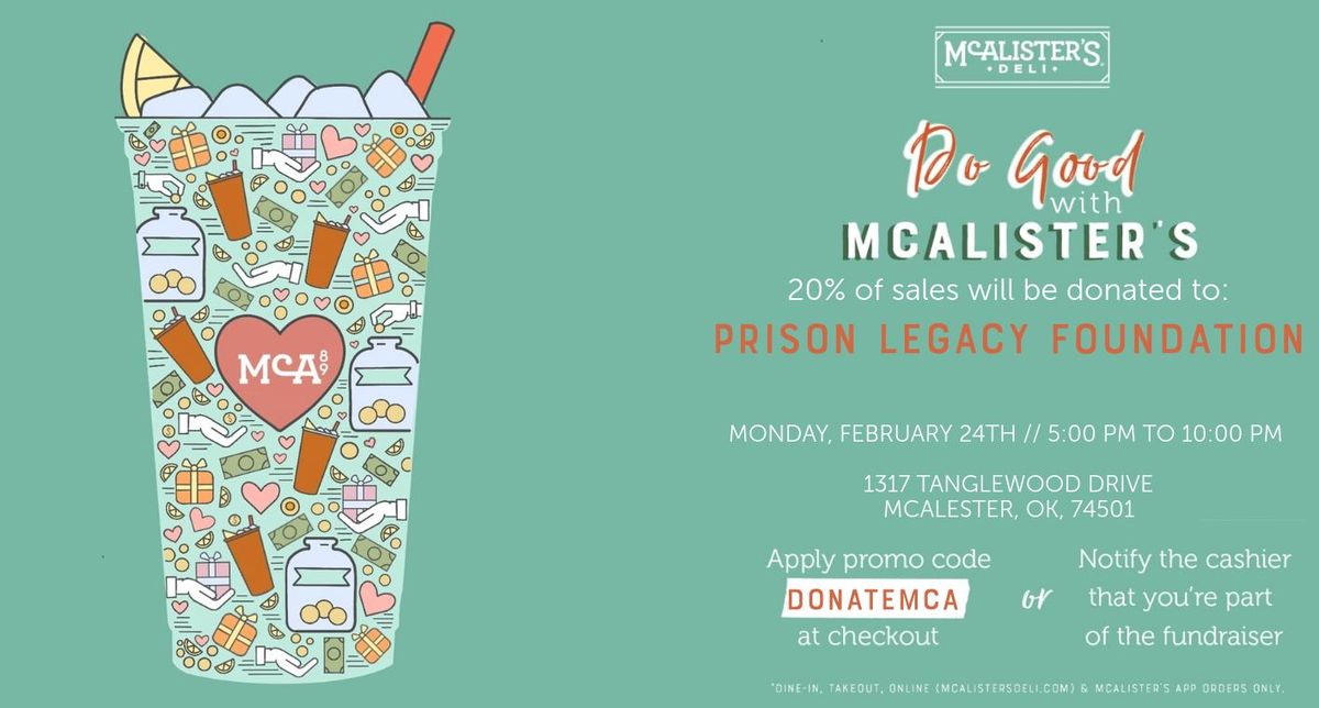 Fundraiser at Mcalisters Deli to Support Prison Legacy Foundation