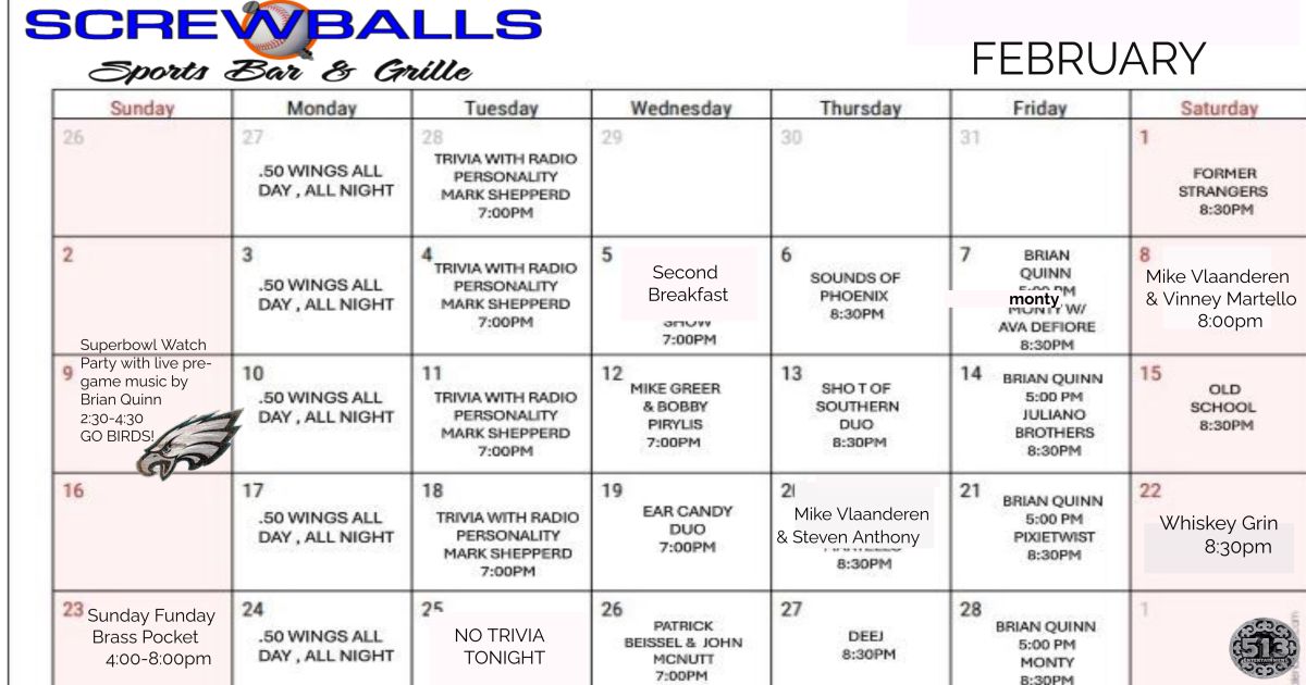 Screwballs February Events Calendar 