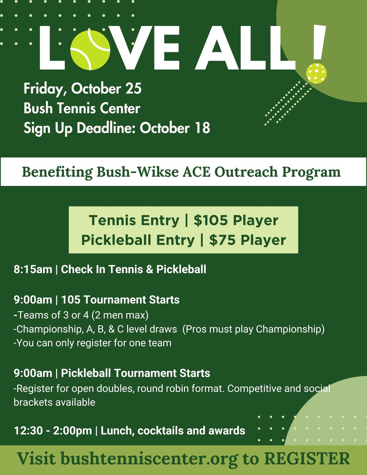 L\ud83c\udfbeVE ALL TENNIS 105 & PICKLEBALL TOURNAMENT