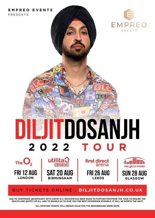 Diljit Dosanjh Tour 2022 O2 London O2 Arena London 12 August 2022 Decision America Tour 2022 Schedule