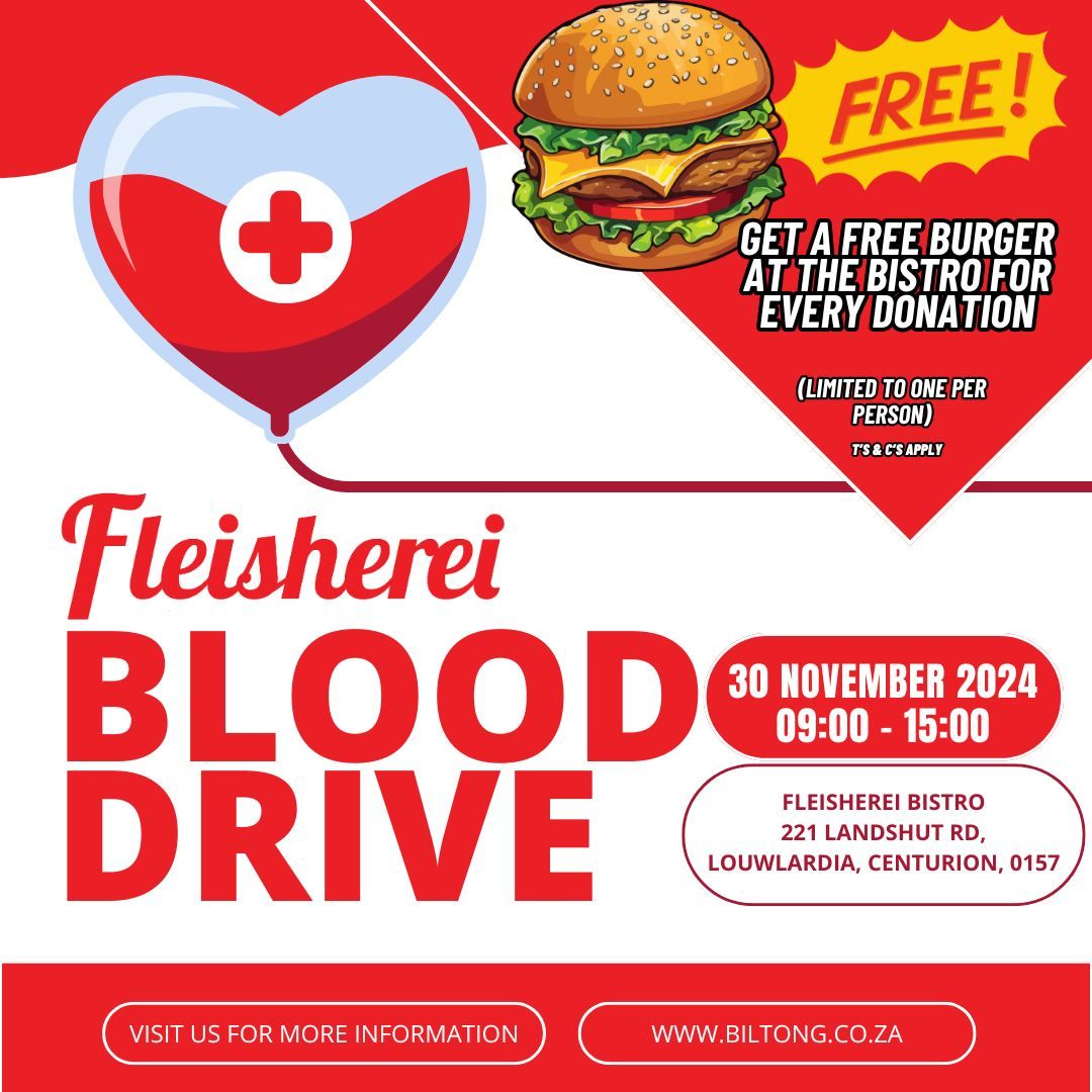 Join us on Saturday the 30th of November 2024, for our Blood Drive with SANBS and get a FREE burger when you donate!