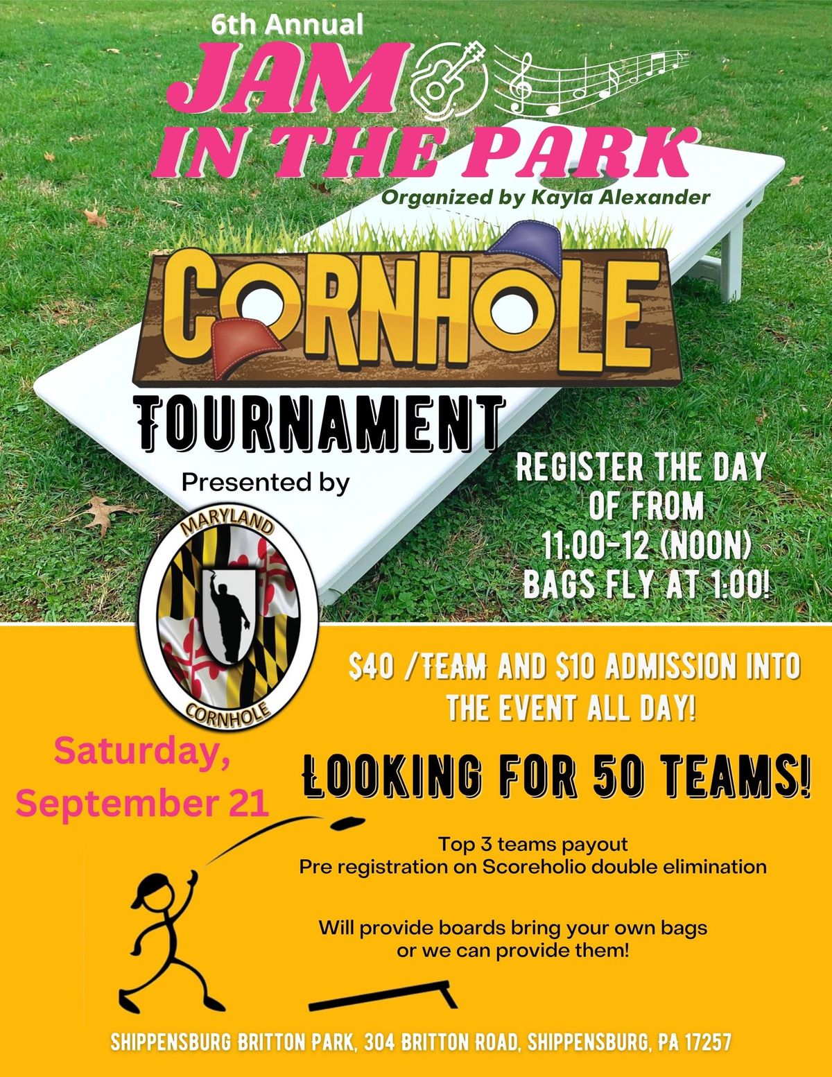 6th Annual Jam In The Park Cornhole Tournament for the Cumberland Valley Breast Care Alliance