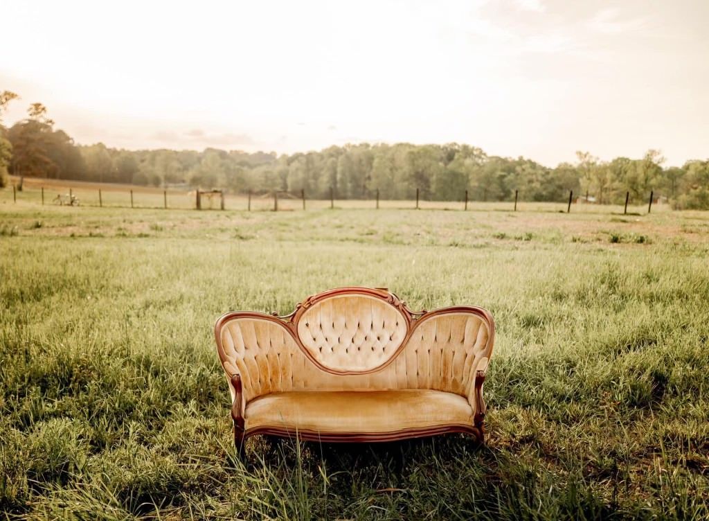 Fall Field with Vintage Gold Velvet Couch Photos at Prospect Farm